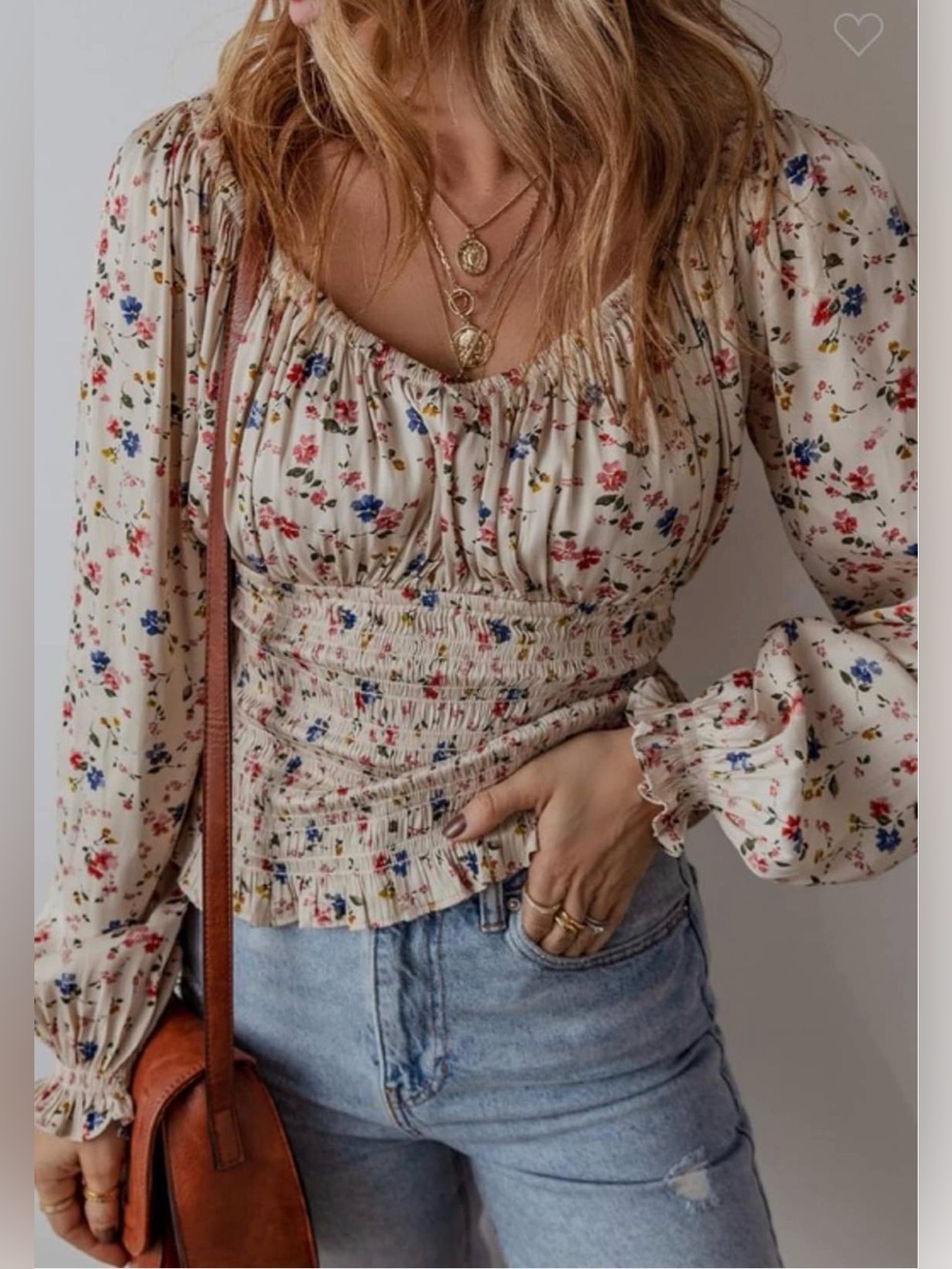 Gap Smocked Waist Top Large Long Sleeve Ruffle Floral V Neck